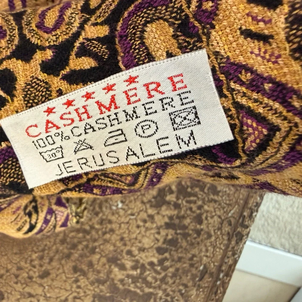 Vintage 100% Cashmere Shawl Wrap Scarf Jerusalem gold purple - Picture 2 of 4
